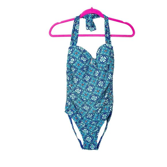 Assets by Spanx Woman's Sz S Blue Geometric Tile Halter Neck One Piece Swim Suit - Picture 1 of 9
